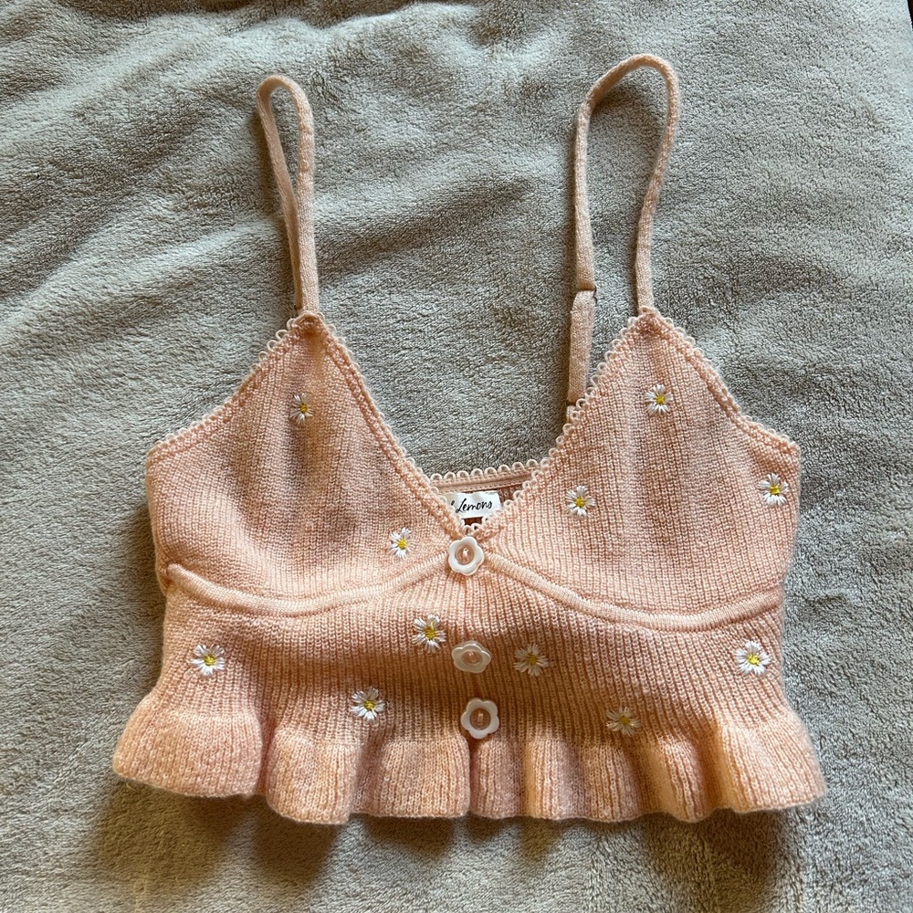 For Love & Lemons Embroidered Buds Daisy Knit Top